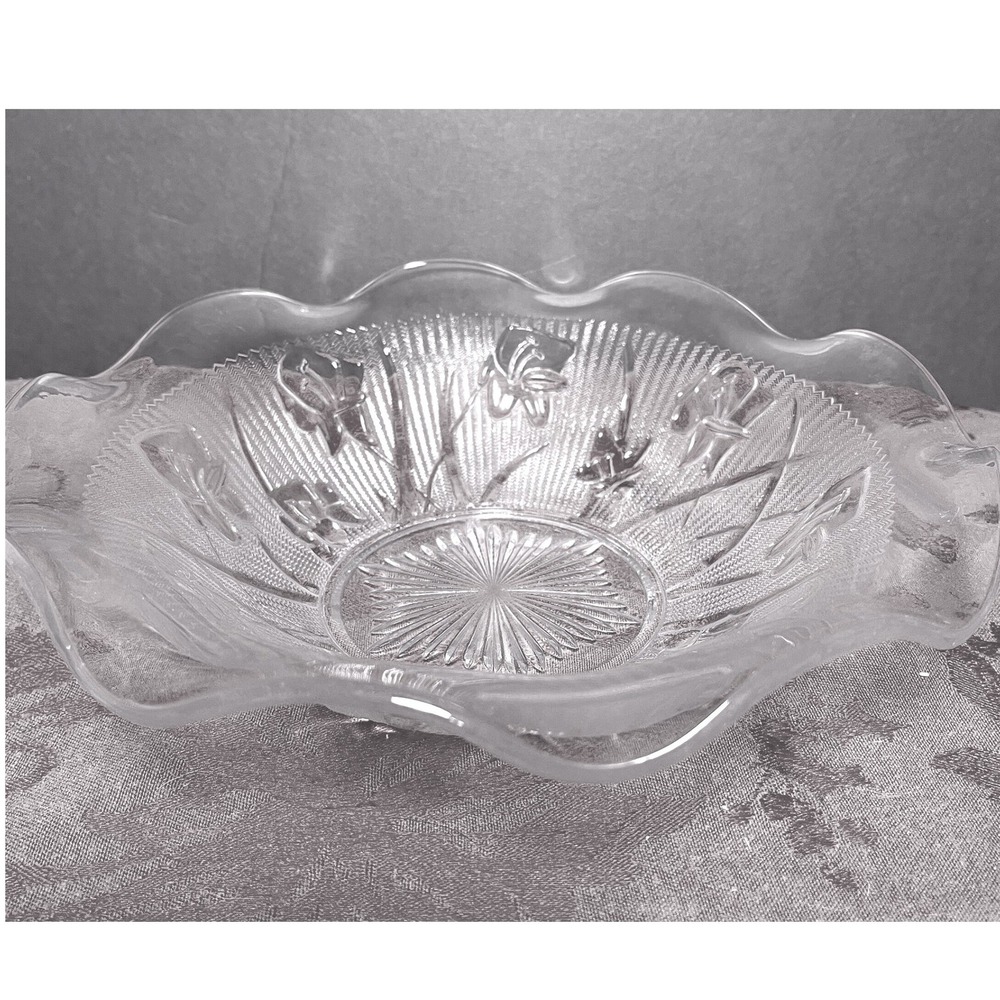 Vintage Jeannette Glass Iris and Herringbone Ruffled Edge 9.5" Bowl Clear 1930s